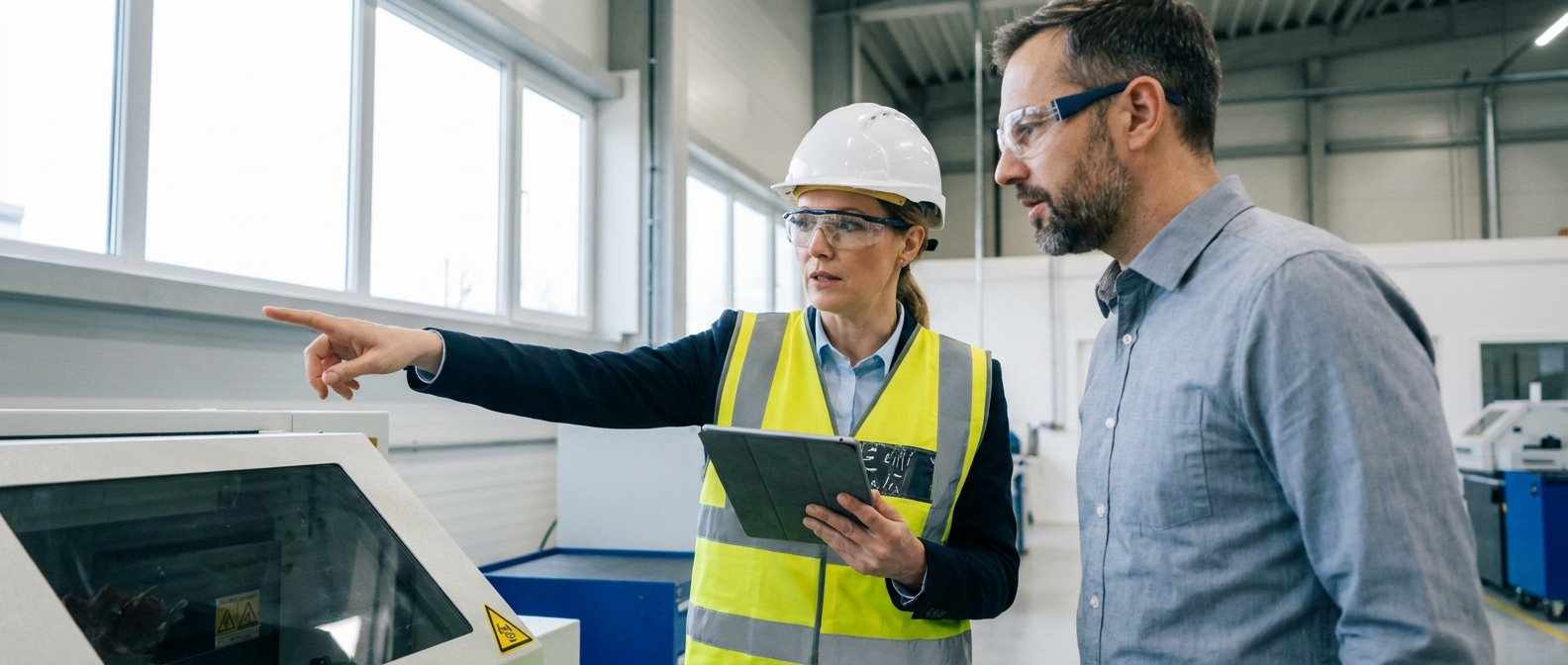 Técnicos de segurança do trabalho inspecionando ambiente industrial com EPI