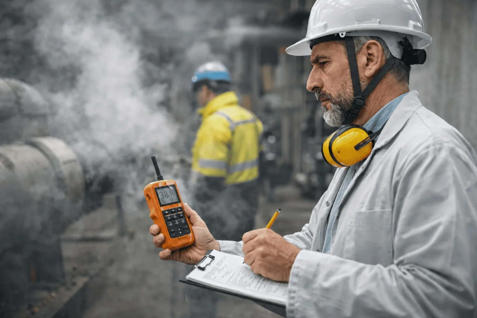 Técnico medindo ruído ocupacional com dosímetro em ambiente de trabalho